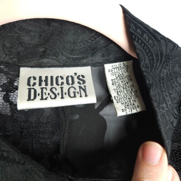 Chico's Design 1 Womens 8 Black Silk Lace Sheer Beaded Button Down Blouse Shirt - Picture 2 of 6